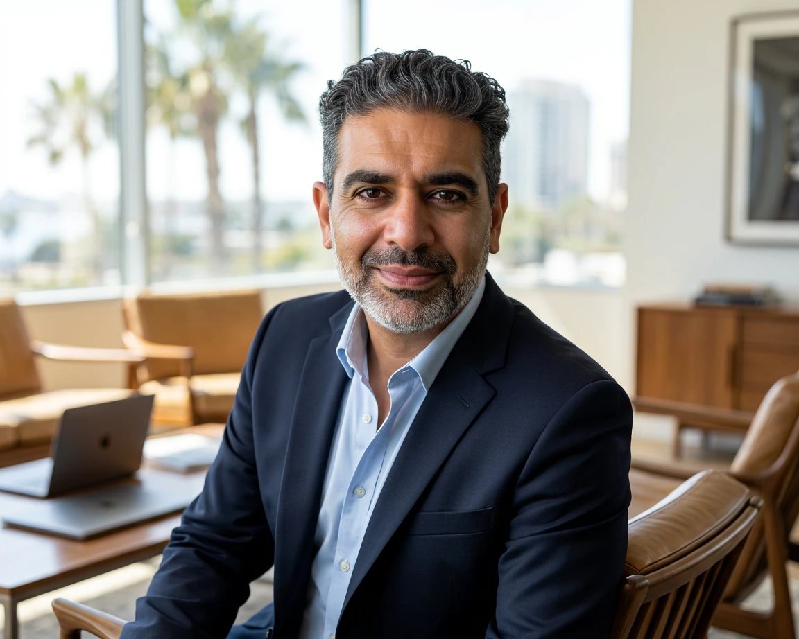 Moudy Elbayadi seated in a modern office with ocean and palm views