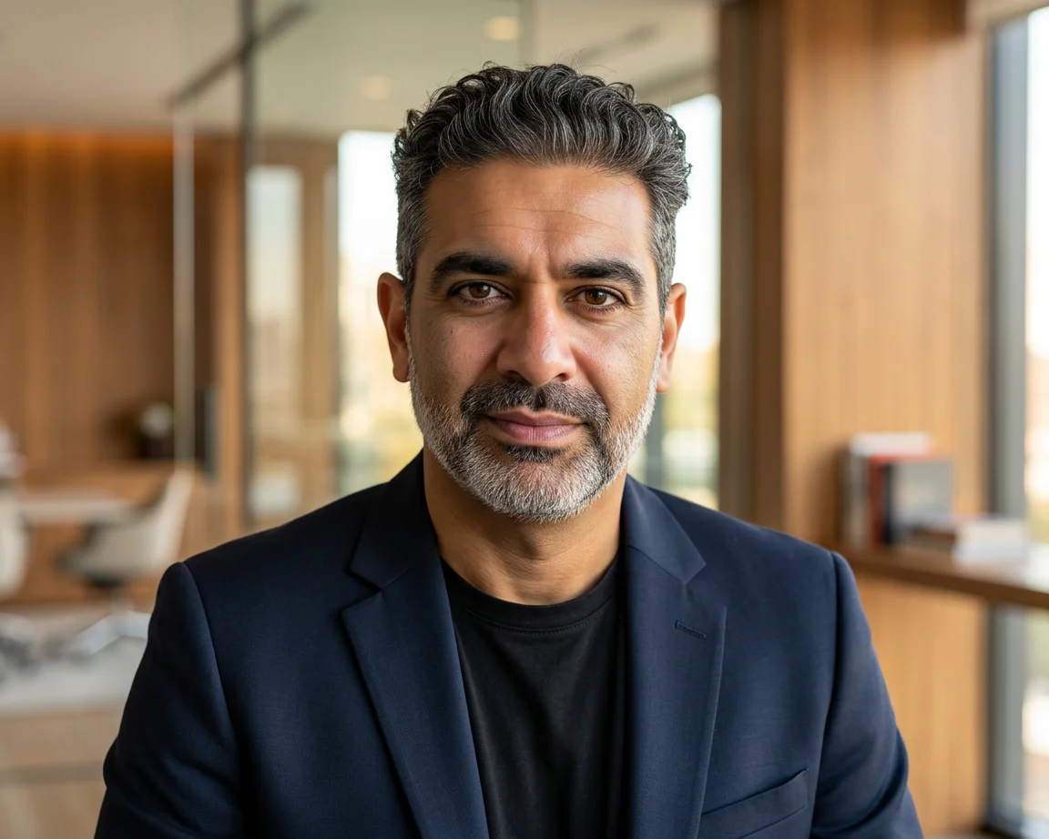 Moudy Elbayadi in a wood-paneled office, navy blazer, confident environmental portrait