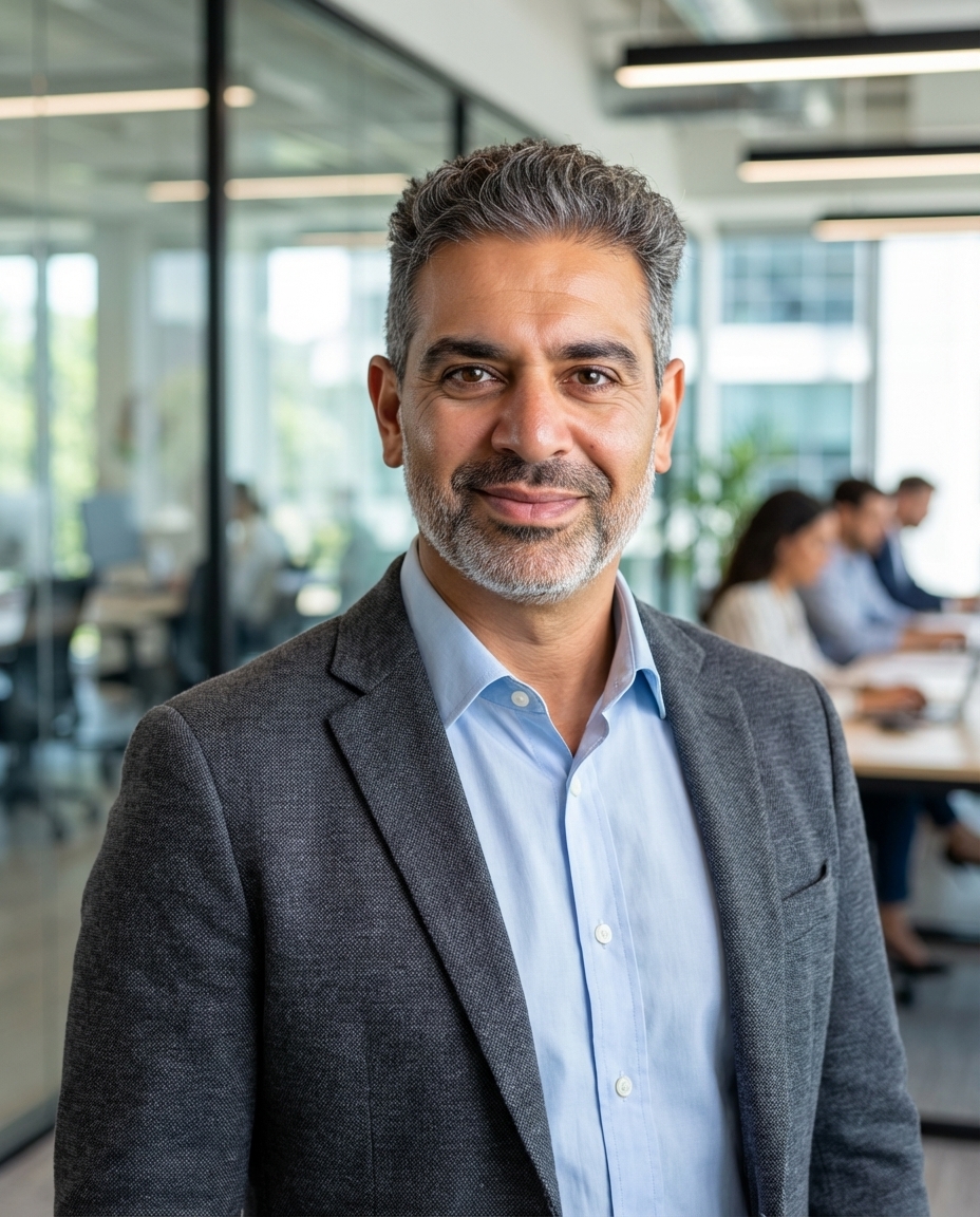 Moudy Elbayadi seated in a warm office interior, professional portrait