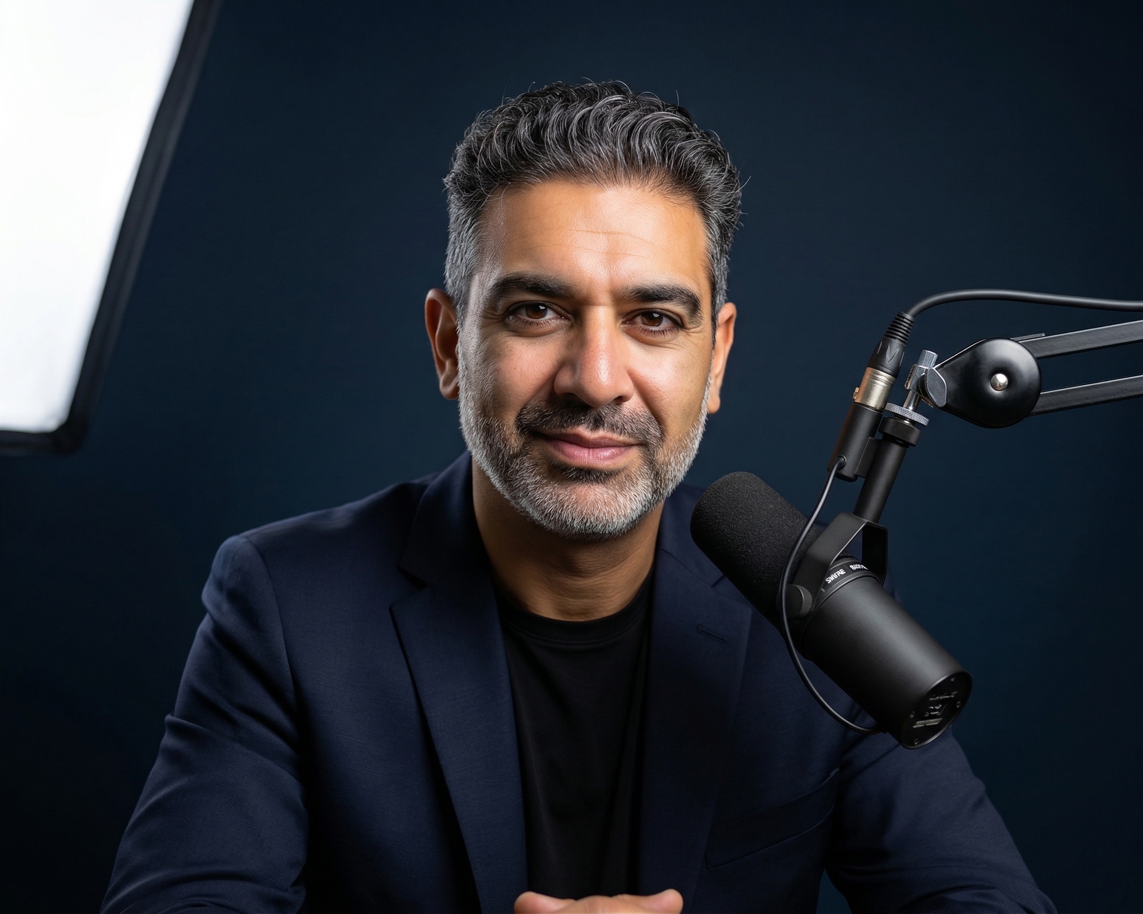 Moudy Elbayadi in a studio setting with a podcast microphone