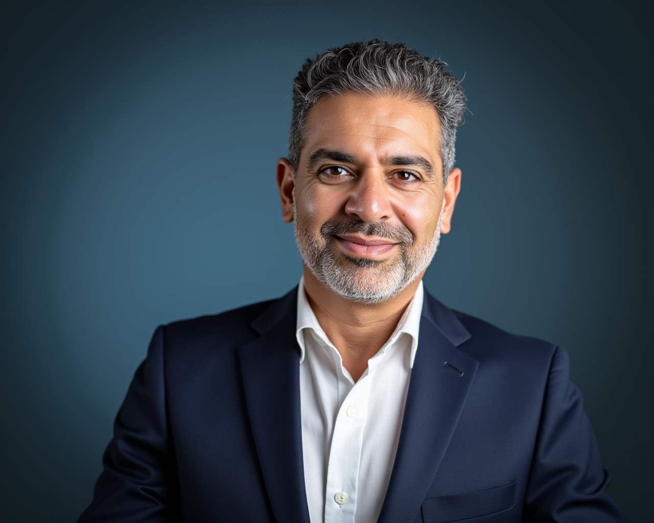 Studio headshot of Moudy Elbayadi against a deep navy backdrop